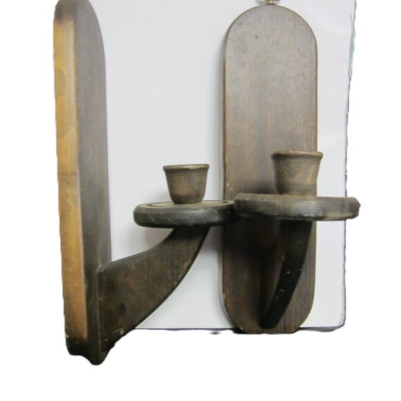 RETRO 70'S COLONIAL STYLE WOODEN CANDLE WALL SCONCES, HAND MADE, DK WOOD - Picture 5 of 8